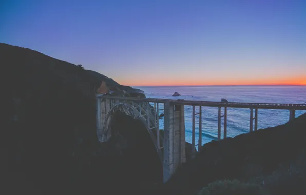 Bridge, stones, the ocean, twilight, horizon, CA, Big Sur
