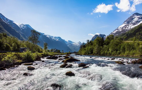 Picture the sky, clouds, mountains, stones, stream, river