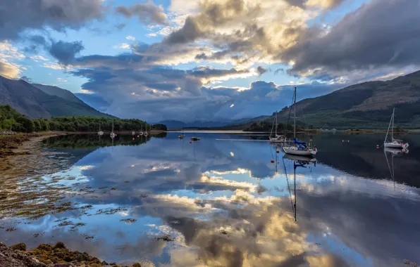 Forest, clouds, mountains, lake, boat, yacht, Scotland, Loch Leven