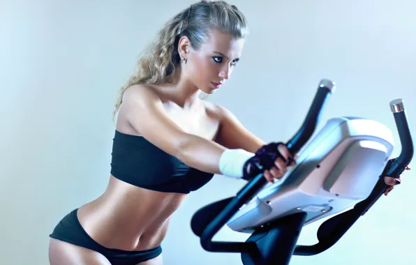 Picture model, blonde, workout, fitness, stationary bike