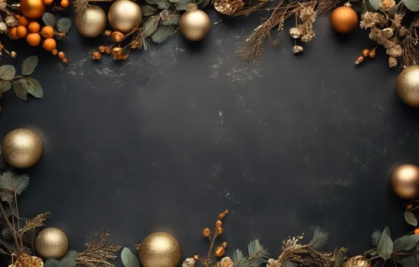 Picture decoration, the dark background, balls, frame, New Year, Christmas, golden, new year
