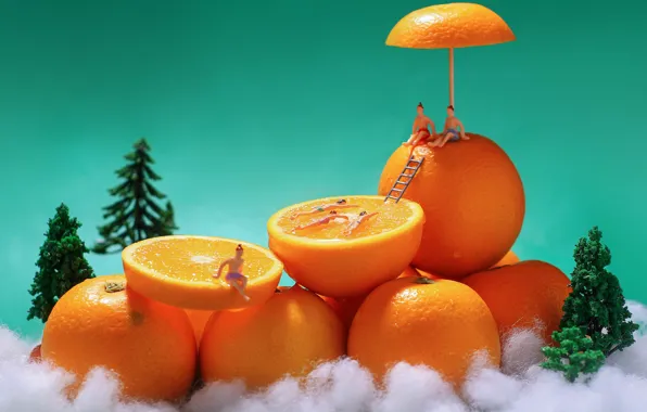 Light, snow, people, toys, men, oranges, umbrella, pool