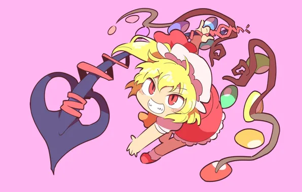 Anger, wings, red eyes, pink background, cap, touhou, art, peak