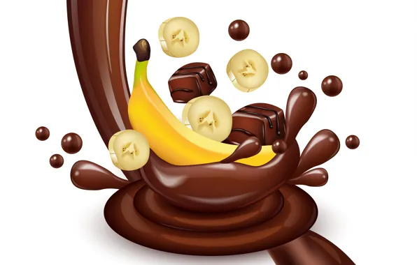 White, background, chocolate, splash, candy, banana