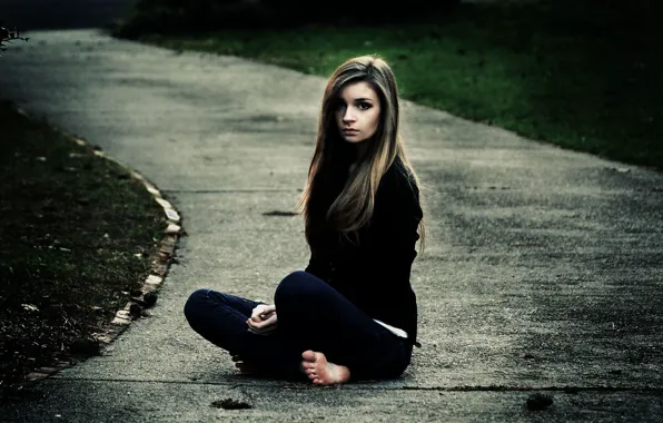 Look, girl, sweetheart, jeans, barefoot, beautiful, sitting, beautiful
