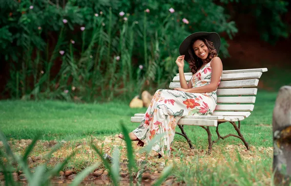 Summer, girl, bench, Park, hat, shop, the bushes, black