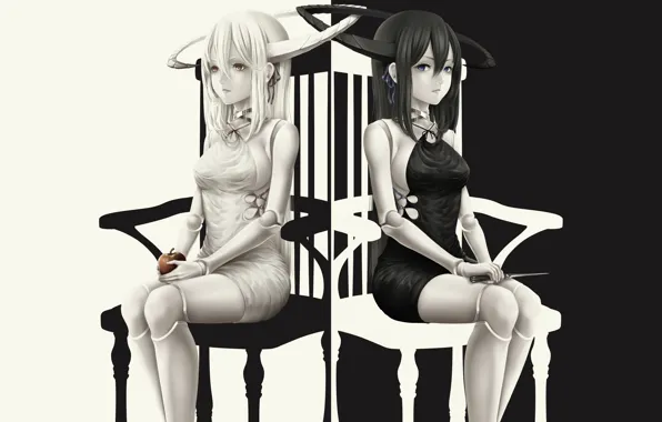 Picture girls, Apple, chairs, doll, art, knife, horns, bouno satoshi