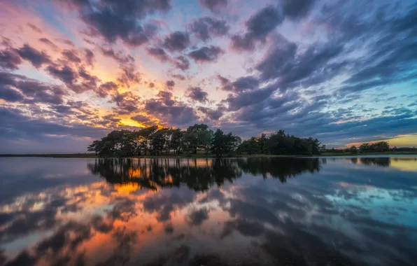 The sky, clouds, trees, sunset, lake, pond, reflection, England