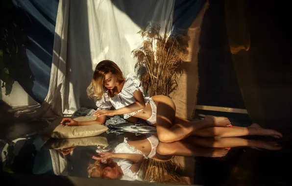 Pillow, Alina, white top, model posing, lying on the floor, Maxim Gontarev