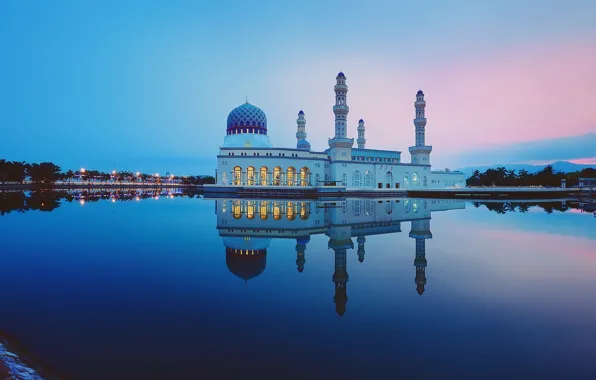 Clouds, sunset, reflection, mirror, twilight, Malaysia, Likas Bay, Kota Kinabalu city Mosque