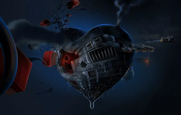 Space, heart, mechanical, metal heart, steam-punk