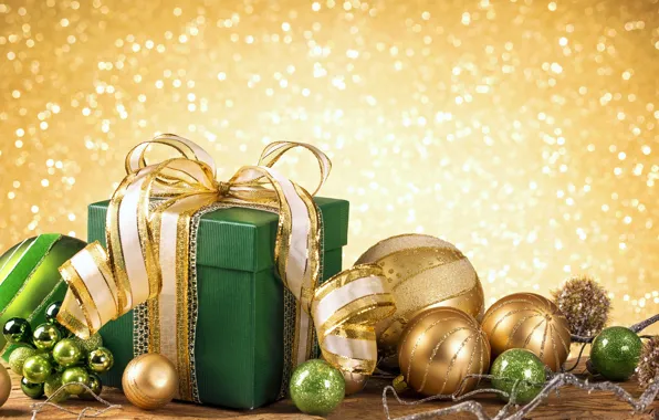 New Year, Christmas, golden, christmas, balls, merry christmas, gift, decoration