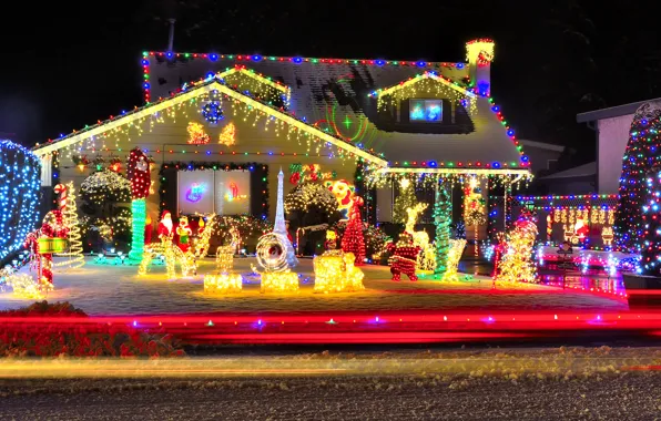 Picture winter, decoration, lights, new year, house, garland, winter, New Year