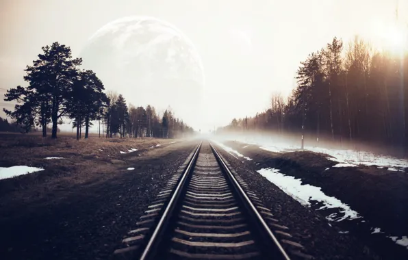 Fog, Trees, Forest, Planet, The way, Rails, Art, Art
