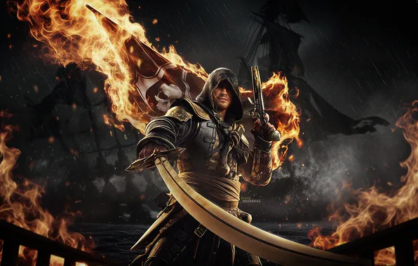 Picture dark, warrior, video games, Black Flag, pirate flag, Assassins Creed, Assassin, metalanguage
