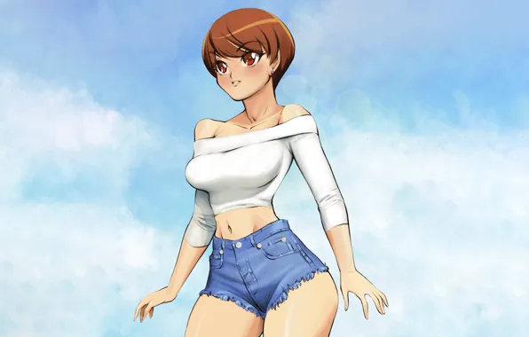 Shorts, anime, blouse, sexy, redhead, short hair, attractive, boobs