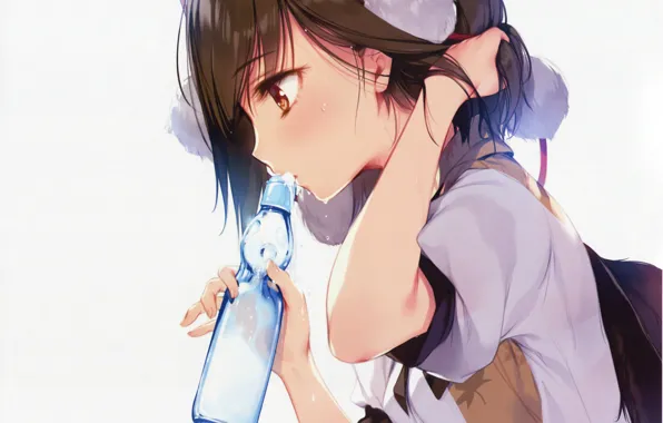 Water, thirst, bottle, white background, touhou, art, ke-ta, aya shameimaru