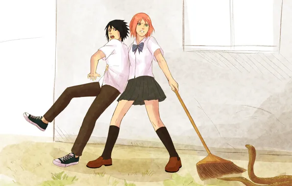 Fright, snake, naruto, art, Sasuke Uchiha, Sakura Haruno