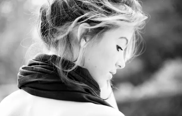Picture girl, beauty, scarf, black and white, Beauty