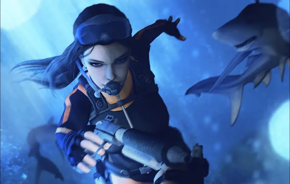 Picture Tomb Raider, underwater, shark, Lara Croft