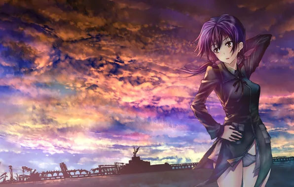 The sky, clouds, bridge, Girl, costume, statue, tails