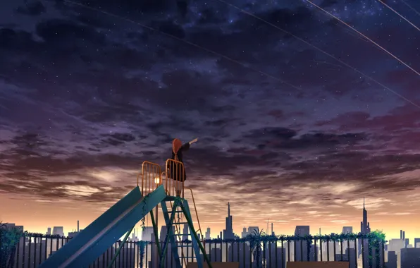 Girl, the city, dawn, morning, slide, children's Playground