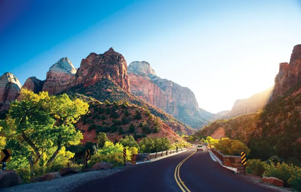 Picture road, machine, trees, mountains