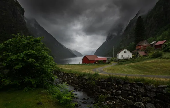 Road, greens, forest, summer, grass, mountains, clouds, house