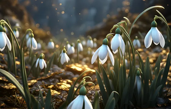 The sun, light, flowers, nature, glare, glade, spring, snowdrops