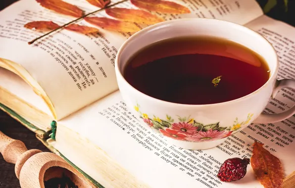 Picture leaves, mood, tea, Cup, book, drink