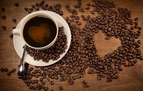 Picture table, heart, coffee, grain, Cup, drink, scattered