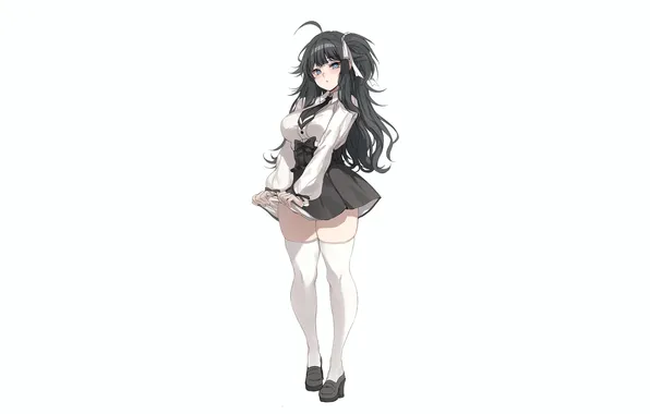 Girl, school uniform, thighhighs, long hair, legs, boobs, anime, blue eyes