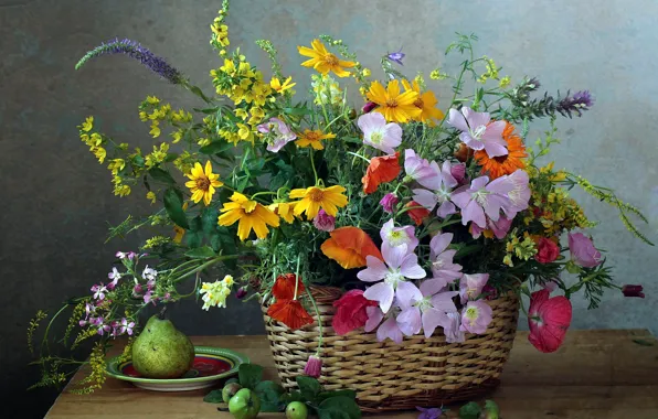 Flowers, apples, bouquet, pear, still life, saucer, wildflowers