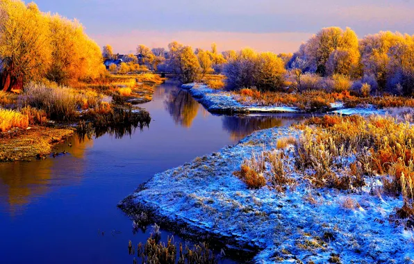 Picture frost, autumn, the sky, snow, trees, river