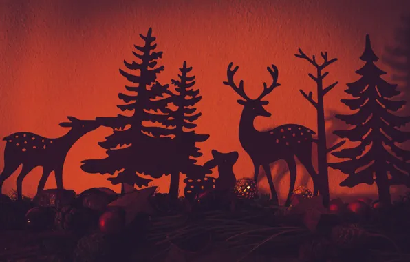 Balls, branches, holiday, Christmas, New year, orange background, deer, silhouettes