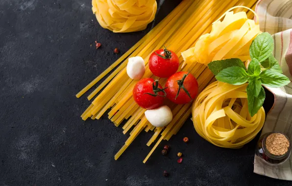 Tomatoes, pasta, Basil, mozzarella
