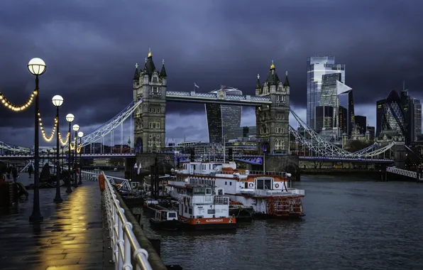 Picture clouds, the city, river, England, London, building, lights, UK
