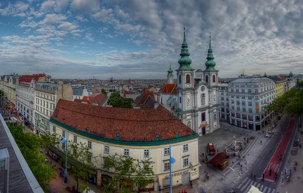 The sky, clouds, street, home, Austria, crossroads, Church, Vienna