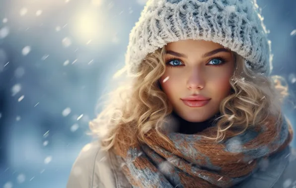 Winter, girl, snow, face, hat, scarf, Christmas, New year
