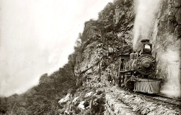 Retro, rocks, train, the engine, USA, 1890-the year