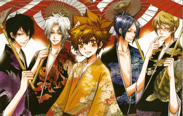 Smile, pattern, turtle, umbrellas, kimono, guys, friends, mafia