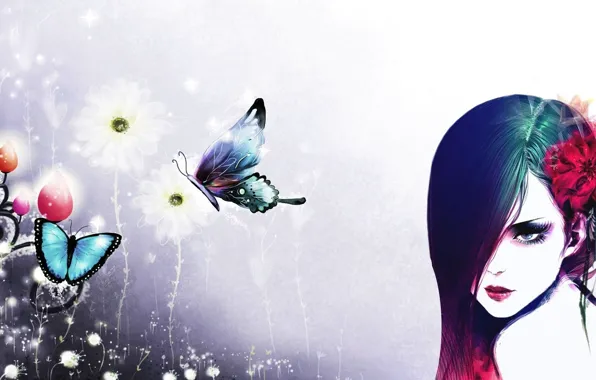 Girl, butterfly, flowers, white background, artwork