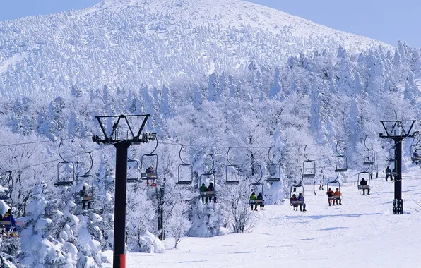 Winter, forest, snow, mountains, people, stay, ski, lift