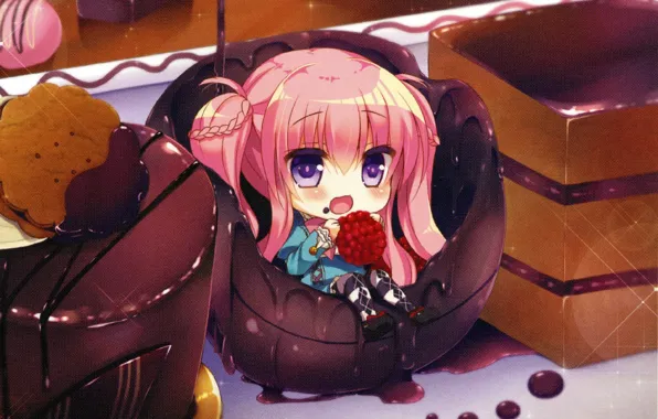 Raspberry, pink hair, big eyes, chocolate glaze, the actual, chocolate dessert, Lilia Chocolanne, by Rena …