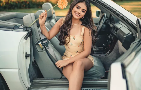 Girl, flowers, smile, dress, brunette, convertible, car