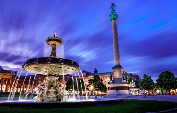 The city, building, the evening, Germany, lighting, area, fountain, Stuttgart