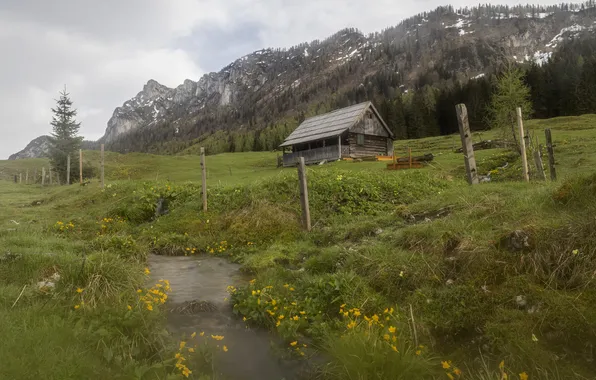 Mountains, posts, hill, meadow, lodge.slope