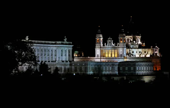 Night, lights, Cathedral, Spain, Madrid, Royal Palace, Almudena