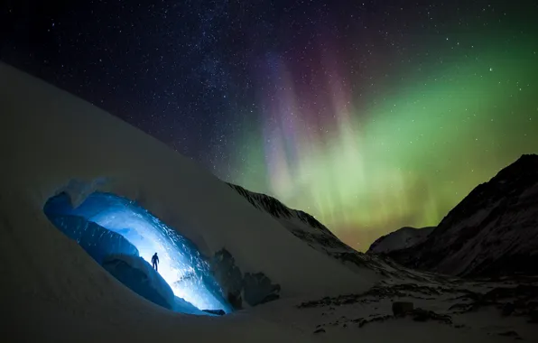 Picture the sky, stars, light, snow, mountains, night, rocks, people