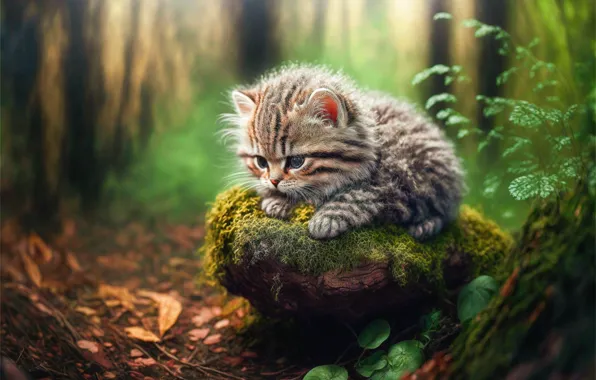 Cat, leaves, nature, rendering, kitty, graphics, moss, animal